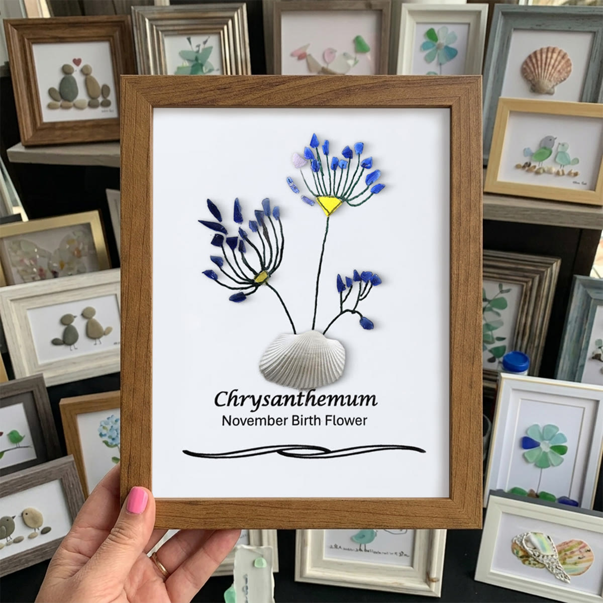 November Birth Flower Chrysanthemum Sea Glass Framed Art - Walnut Brown - 8" X 6" - image 9