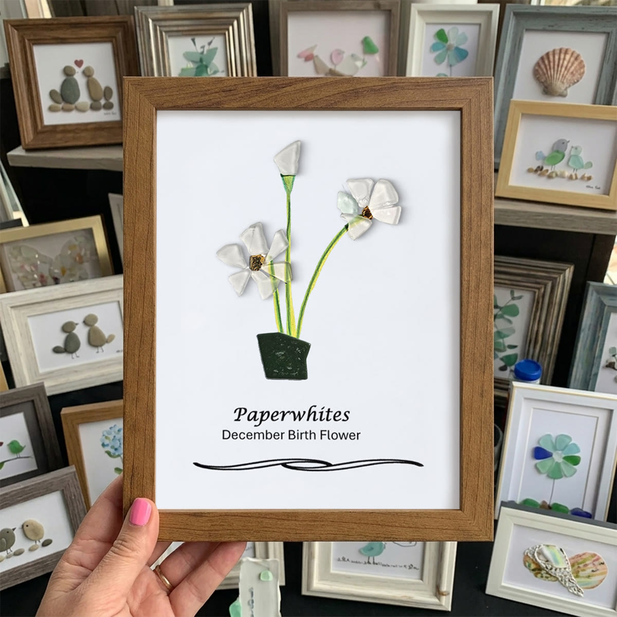 December Birth Flower Paperwhites Sea Glass Framed Art - Walnut Brown - 8" X 6" - image 9