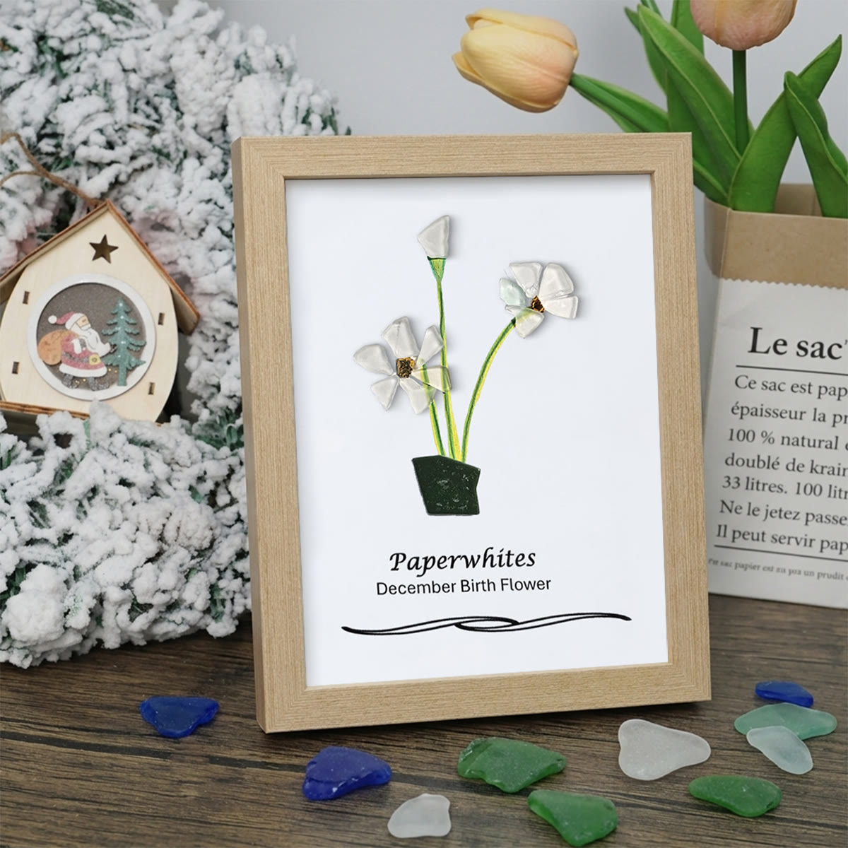 December Birth Flower Paperwhites Sea Glass Framed Art - Oak - 8" X 6" - image 8
