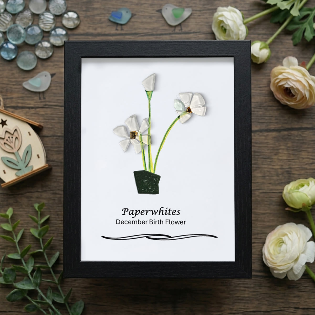 December Birth Flower Paperwhites Sea Glass Framed Art - Black - 8" X 6" - image 10