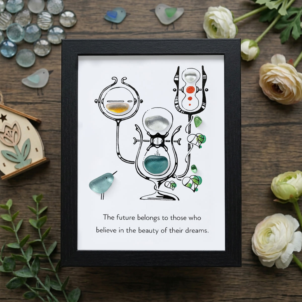 "Future of Dreams" Hourglass With Bird Sea Glass Framed Art - Black - 8" X 6" - image 13