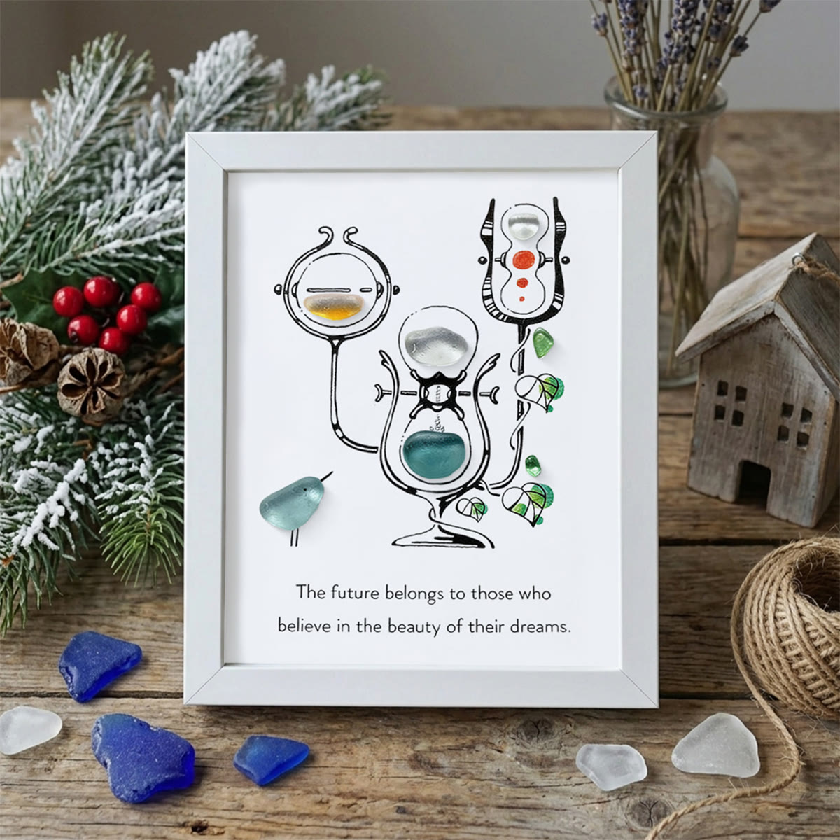 "Future of Dreams" Hourglass With Bird Sea Glass Framed Art - White - 8" X 6" - image 14