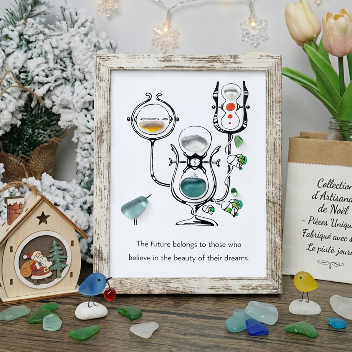 "Future of Dreams" Hourglass With Bird Sea Glass Framed Art - Retro White - 8" X 6" - image 15