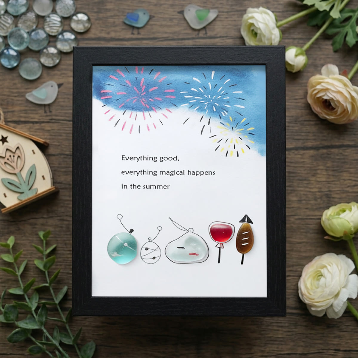 Summer Magical Firework Scene Sea Glass Framed Art - Black - 8" X 6" - image 12