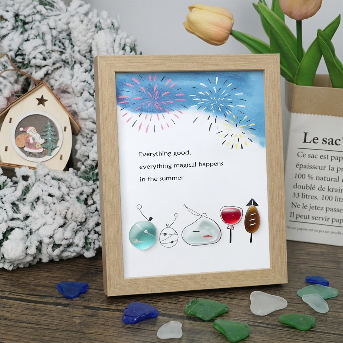 Summer Magical Firework Scene Sea Glass Framed Art - Oak - 8" X 6" - image 10
