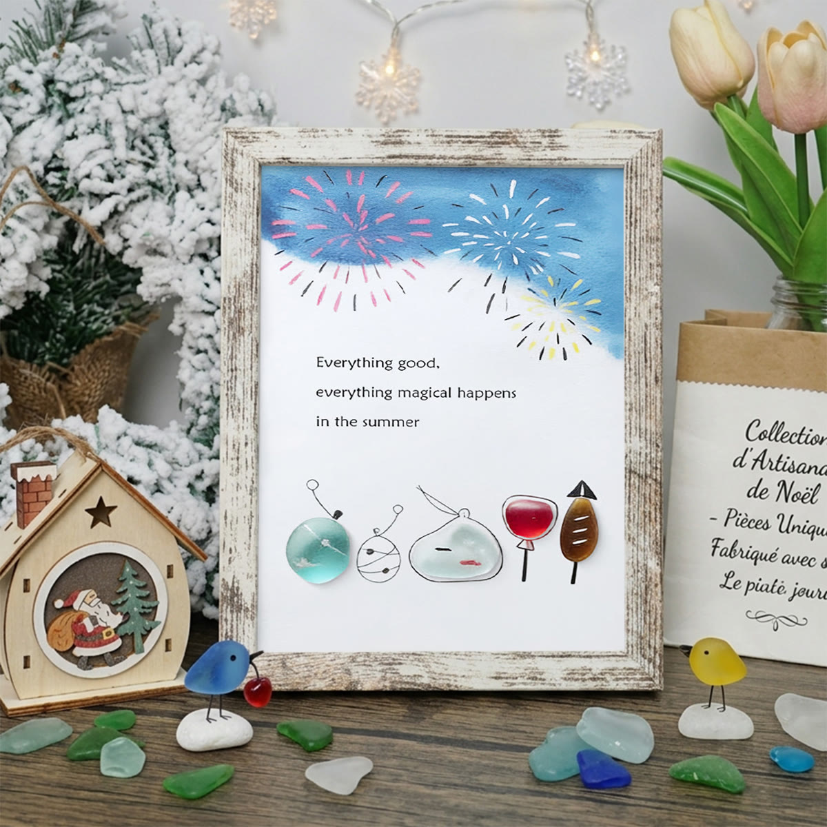 Summer Magical Firework Scene Sea Glass Framed Art - Retro White - 8" X 6" - image 14