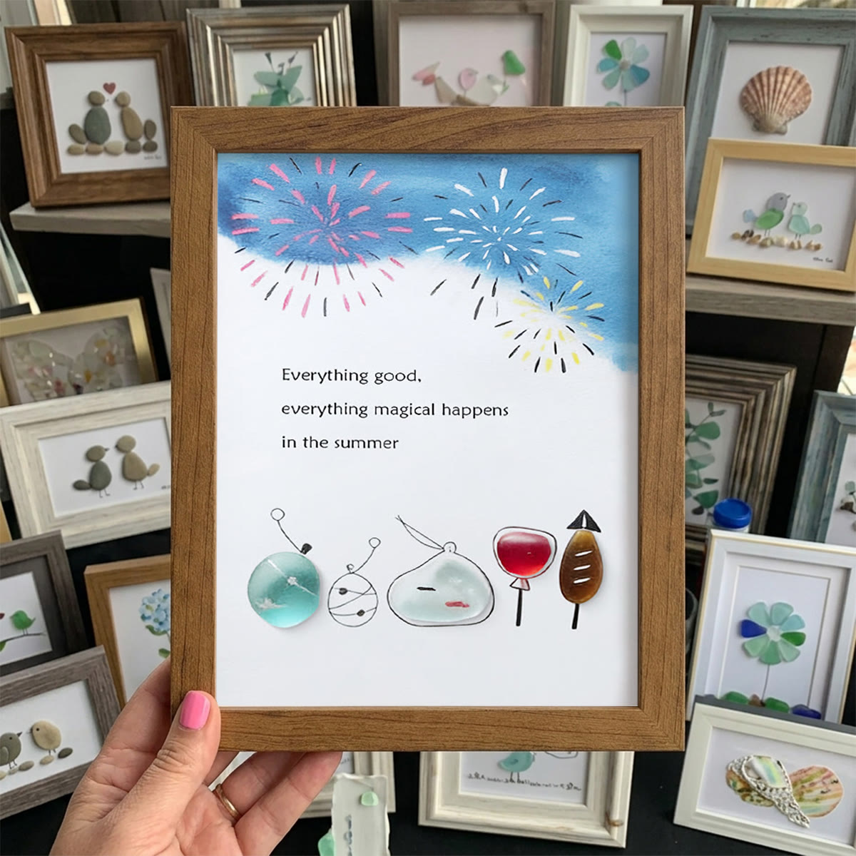 Summer Magical Firework Scene Sea Glass Framed Art - Walnut Brown - 8" X 6" - image 11