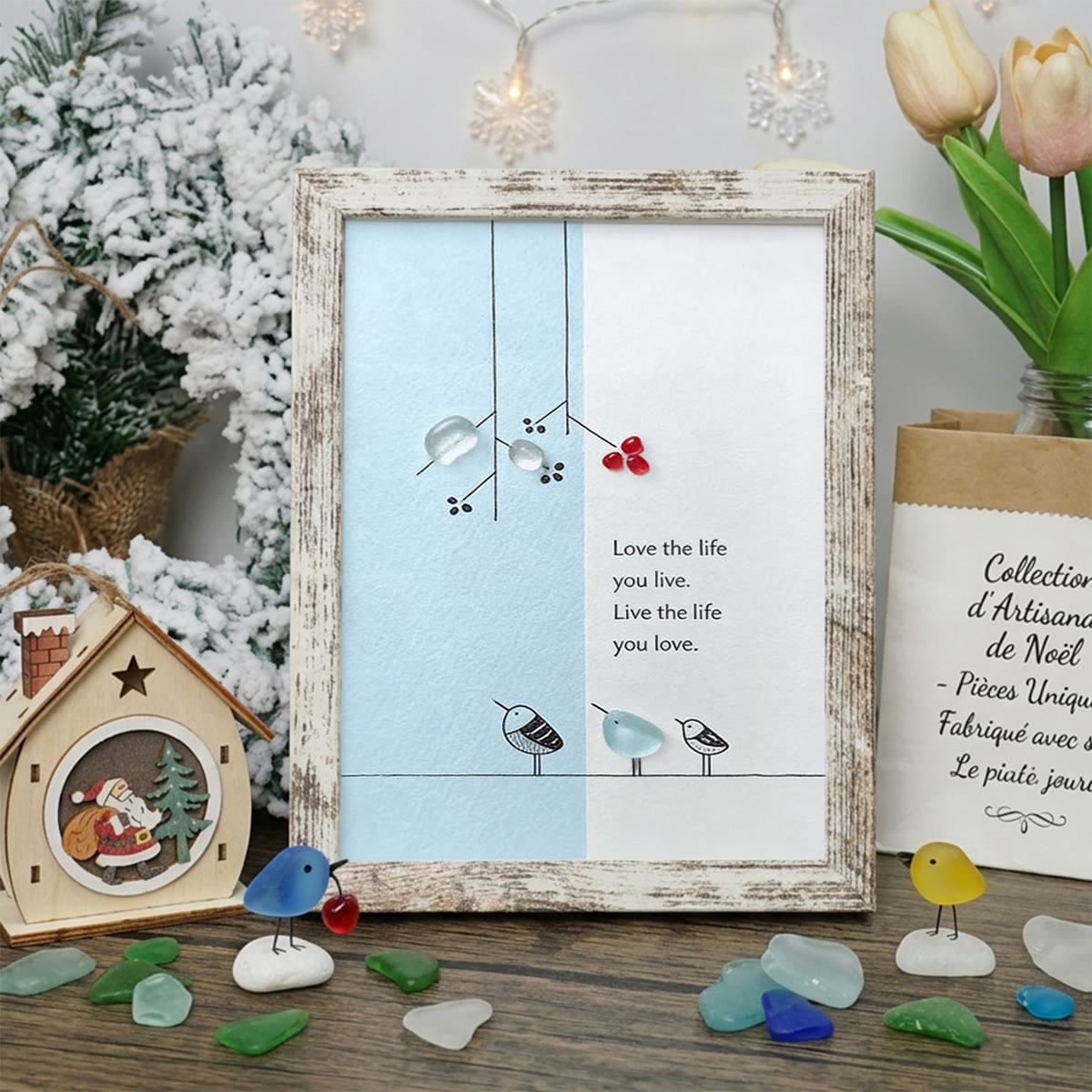 "Love the Life You Live" Bird Sea Glass Framed Art - Retro White - 8" X 6" - image 13