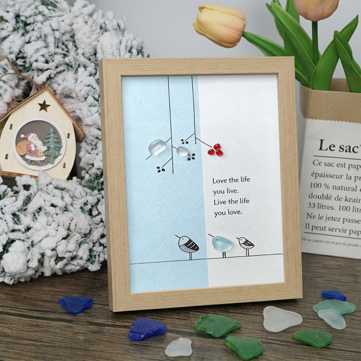 "Love the Life You Live" Bird Sea Glass Framed Art - Oak - 8" X 6" - image 9