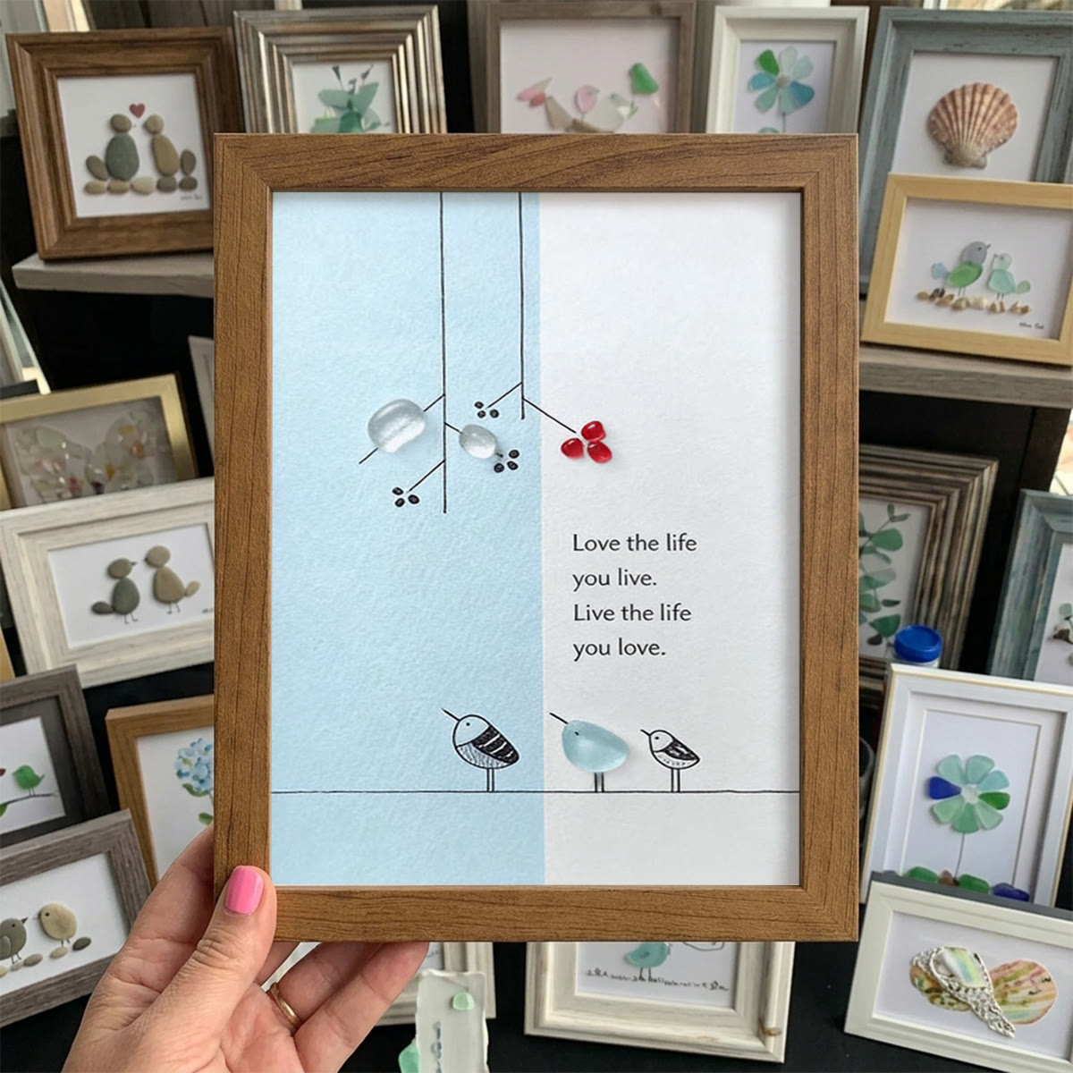 "Love the Life You Live" Bird Sea Glass Framed Art - Walnut Brown - 8" X 6" - image 10