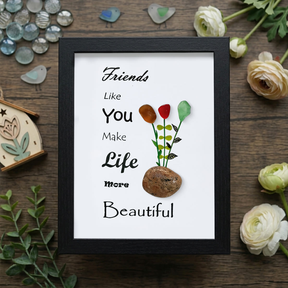 Friends Make Life Beautiful Floral Sea Glass Framed Art - Black - 8" X 6" - image 13
