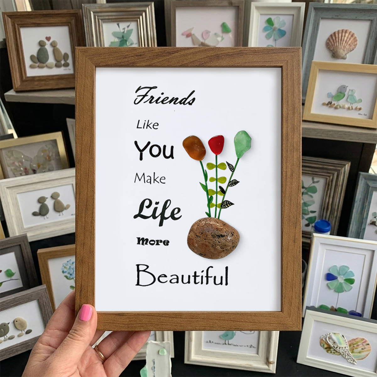 Friends Make Life Beautiful Floral Sea Glass Framed Art - Walnut Brown - 8" X 6" - image 12