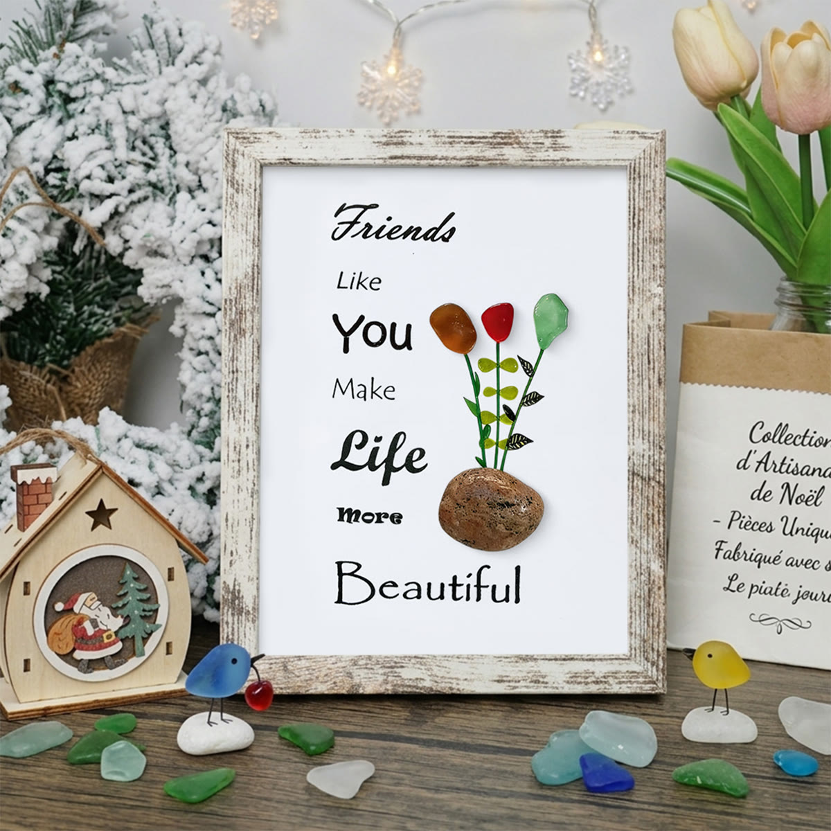Friends Make Life Beautiful Floral Sea Glass Framed Art - Retro White - 8" X 6" - image 15