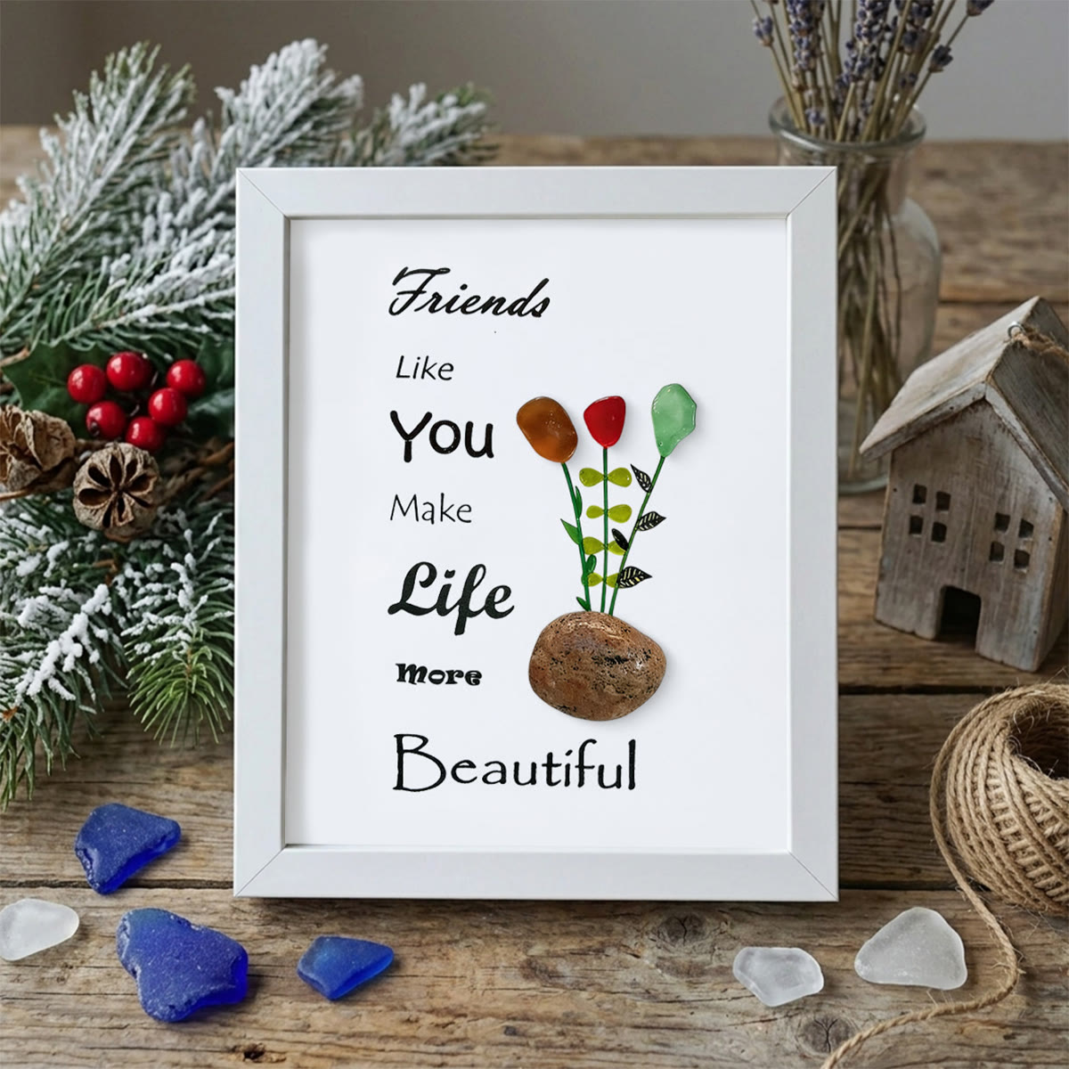 Friends Make Life Beautiful Floral Sea Glass Framed Art - White - 8" X 6" - image 14