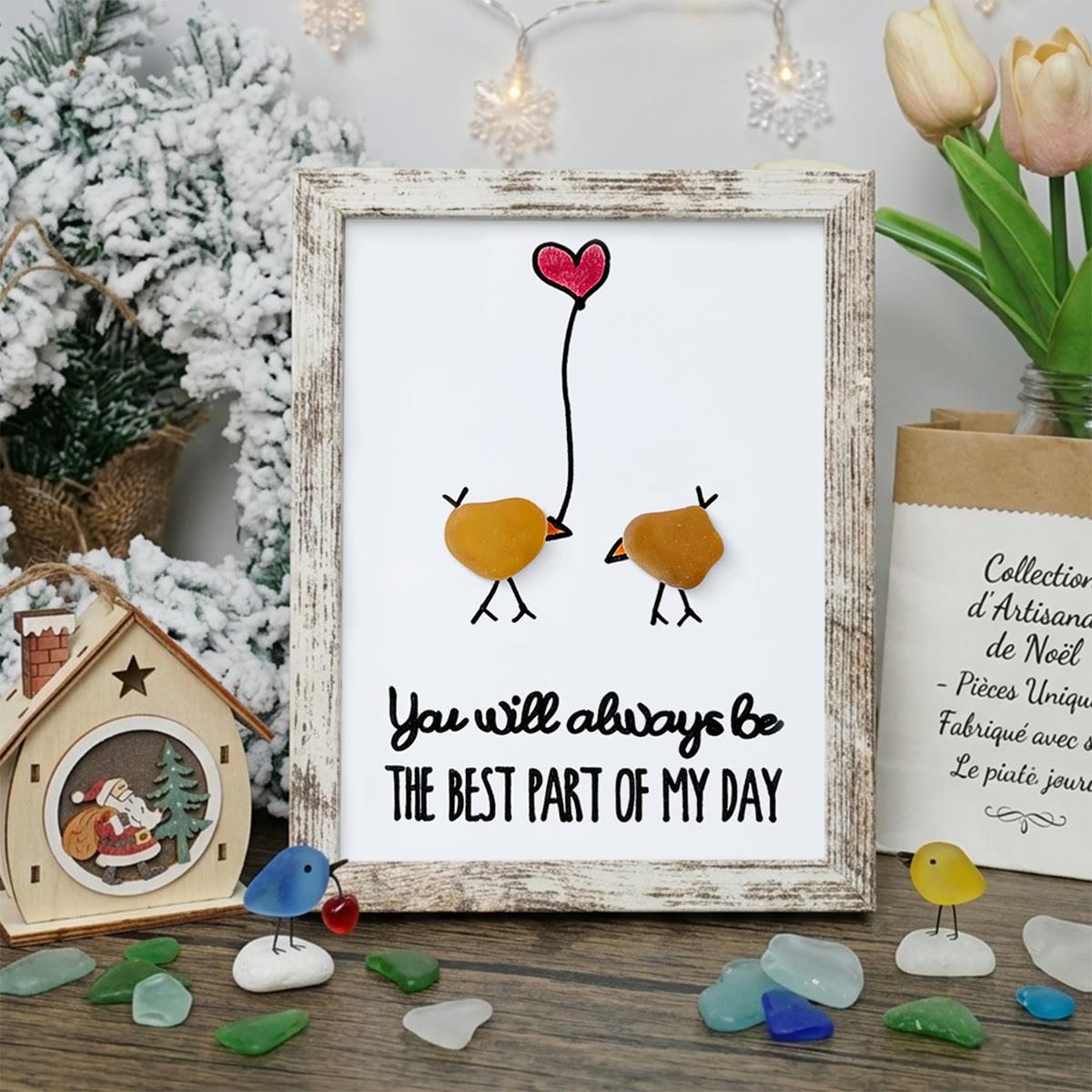Best Part of My Day Adorable Birds Sea Glass Framed Art - Retro White - 8" X 6" - image 13