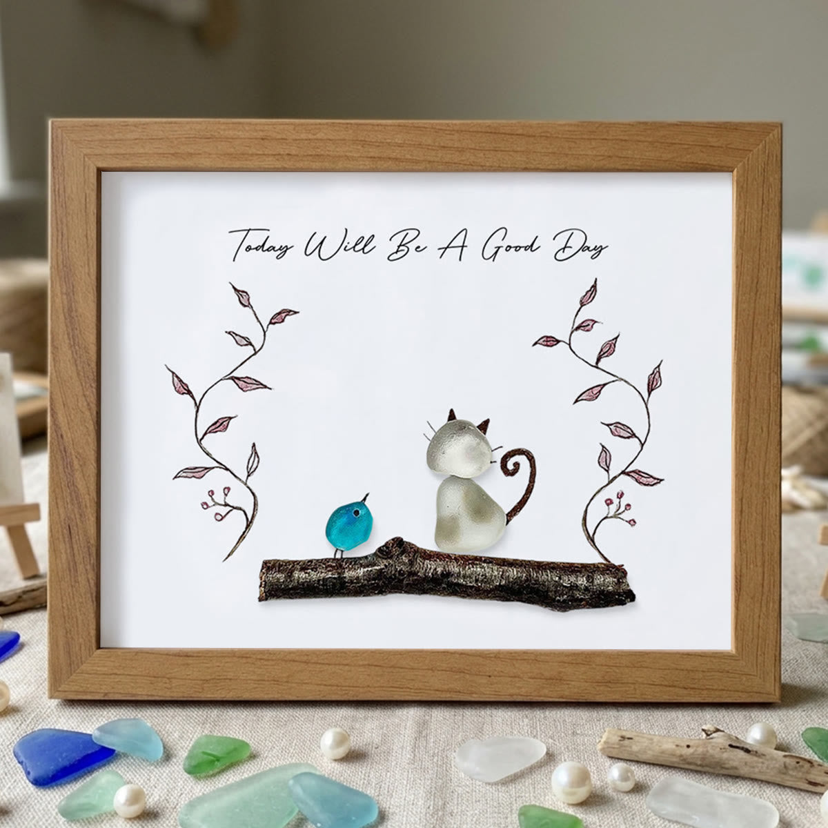 "Today Will Be A Good Day" Sea Glass Framed Art - Walnut Brown - 6" X 8" - image 13