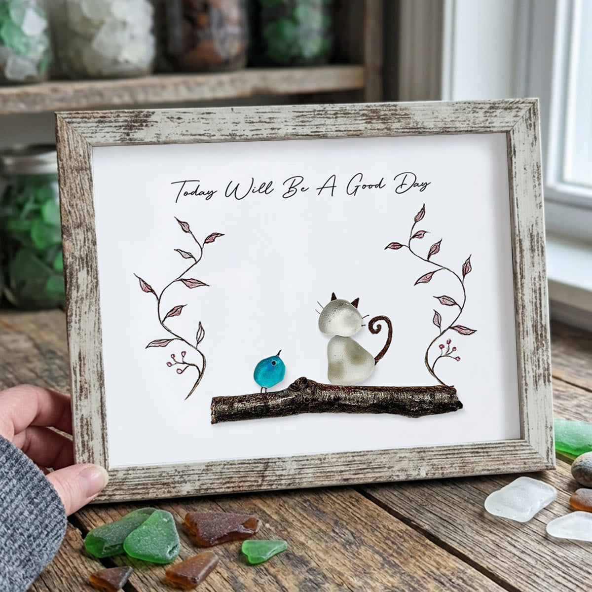 "Today Will Be A Good Day" Sea Glass Framed Art - Retro White - 6" X 8" - image 16