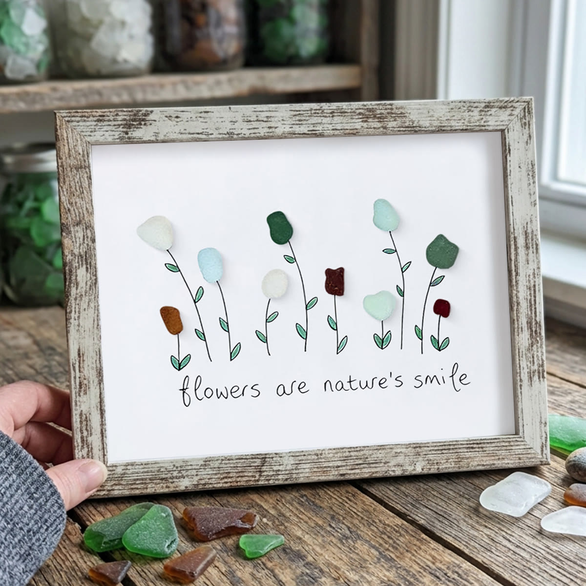 Flowers Are Nature's Smile Sea Glass Framed Art - Retro White - 6" X 8" - image 15