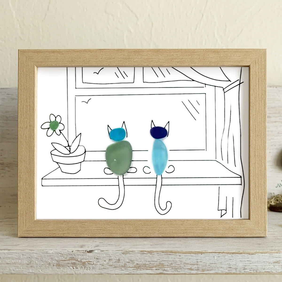 Two Cats Window Watchers Sea Glass Framed Art - Oak - 6" X 8" - image 11