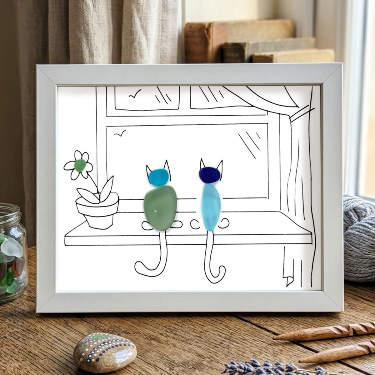 Two Cats Window Watchers Sea Glass Framed Art - White - 6" X 8" - image 14