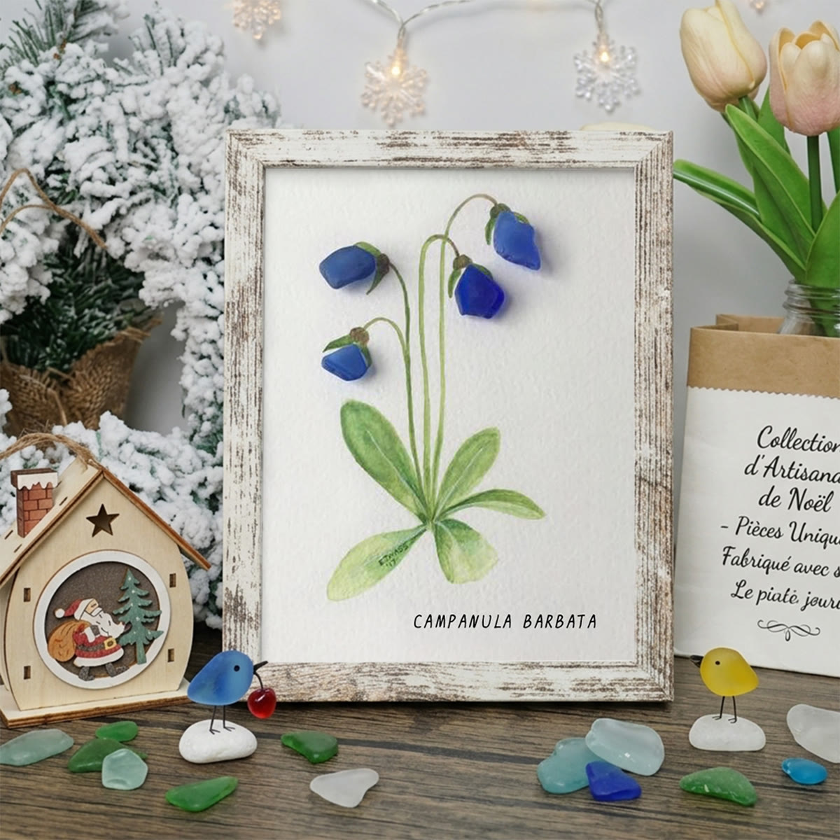 Elegant Blue Campanula Barbata Sea Glass Framed Art - Retro White - 8" X 6" - image 13