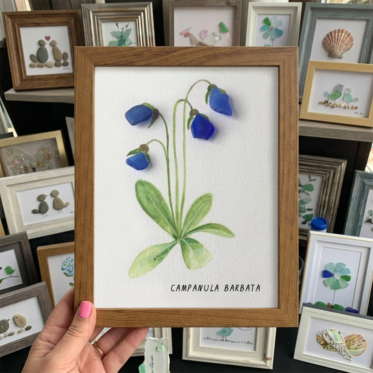 Elegant Blue Campanula Barbata Sea Glass Framed Art - Walnut Brown - 8" X 6" - image 10