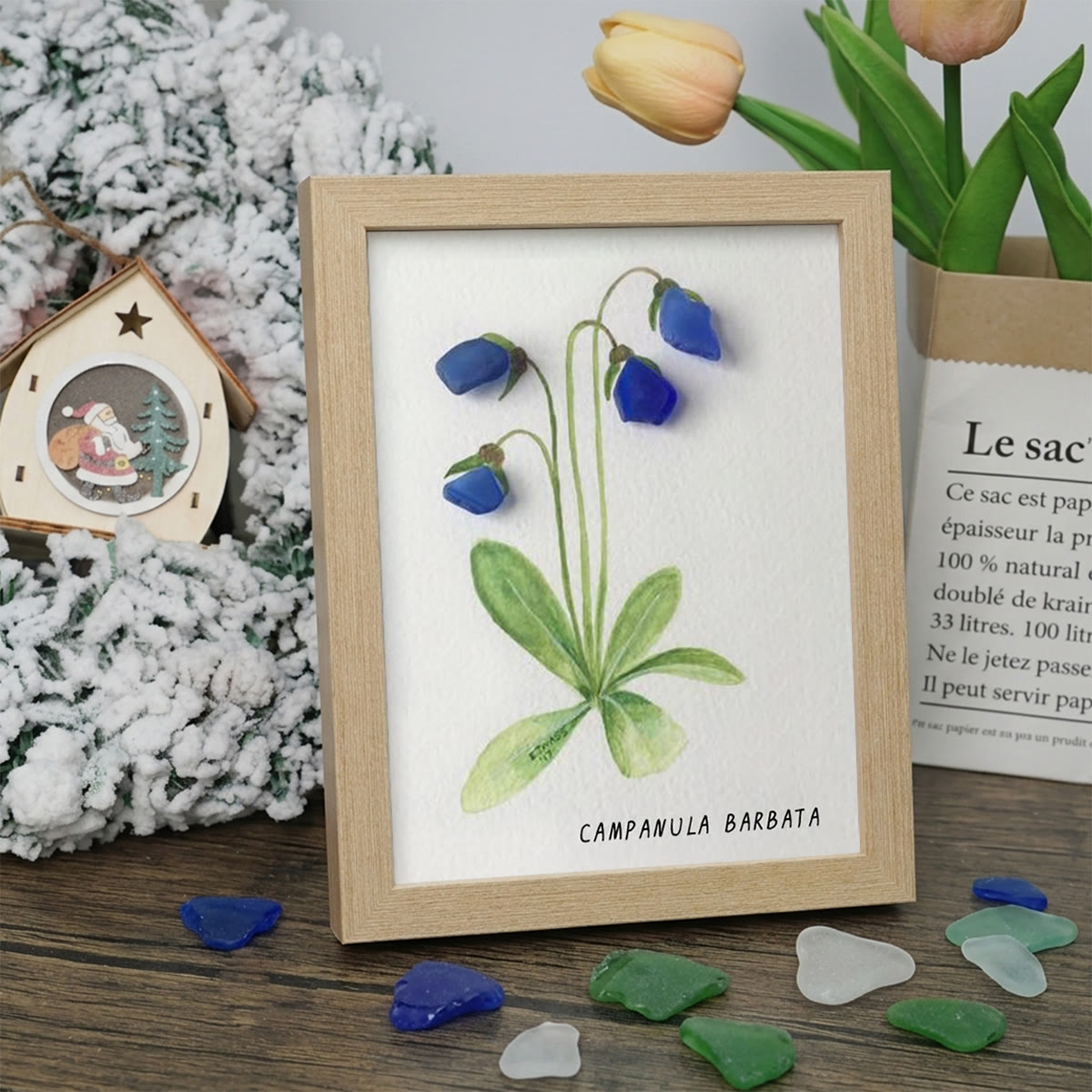 Elegant Blue Campanula Barbata Sea Glass Framed Art - Oak - 8" X 6" - image 9