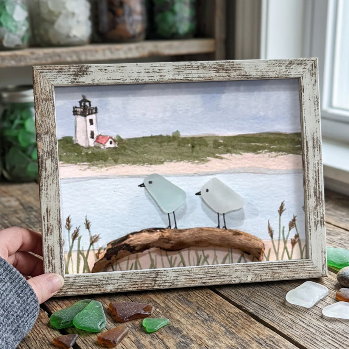 Peaceful Shores Birds In Pairs Sea Glass Framed Art - Retro White - 6" X 8" - image 12