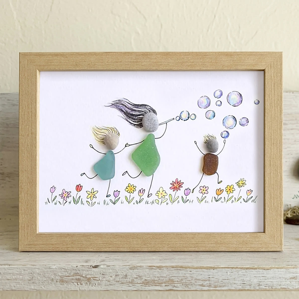 Chasing Bubbles Family Sea Glass Framed Art - Oak - 6" X 8" - image 10