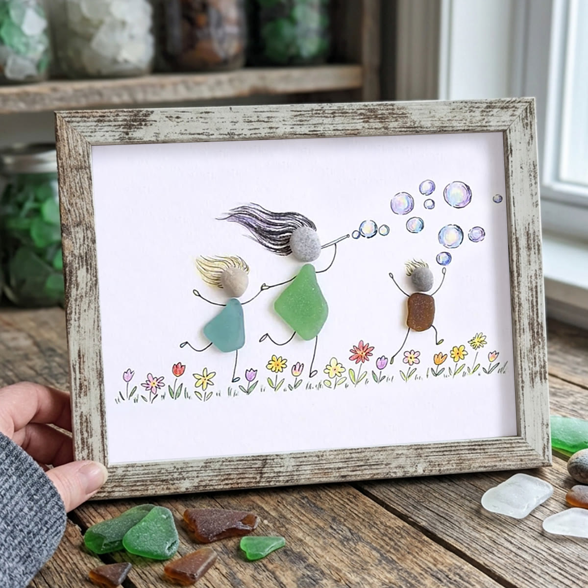 Chasing Bubbles Family Sea Glass Framed Art - Retro White - 6" X 8" - image 14