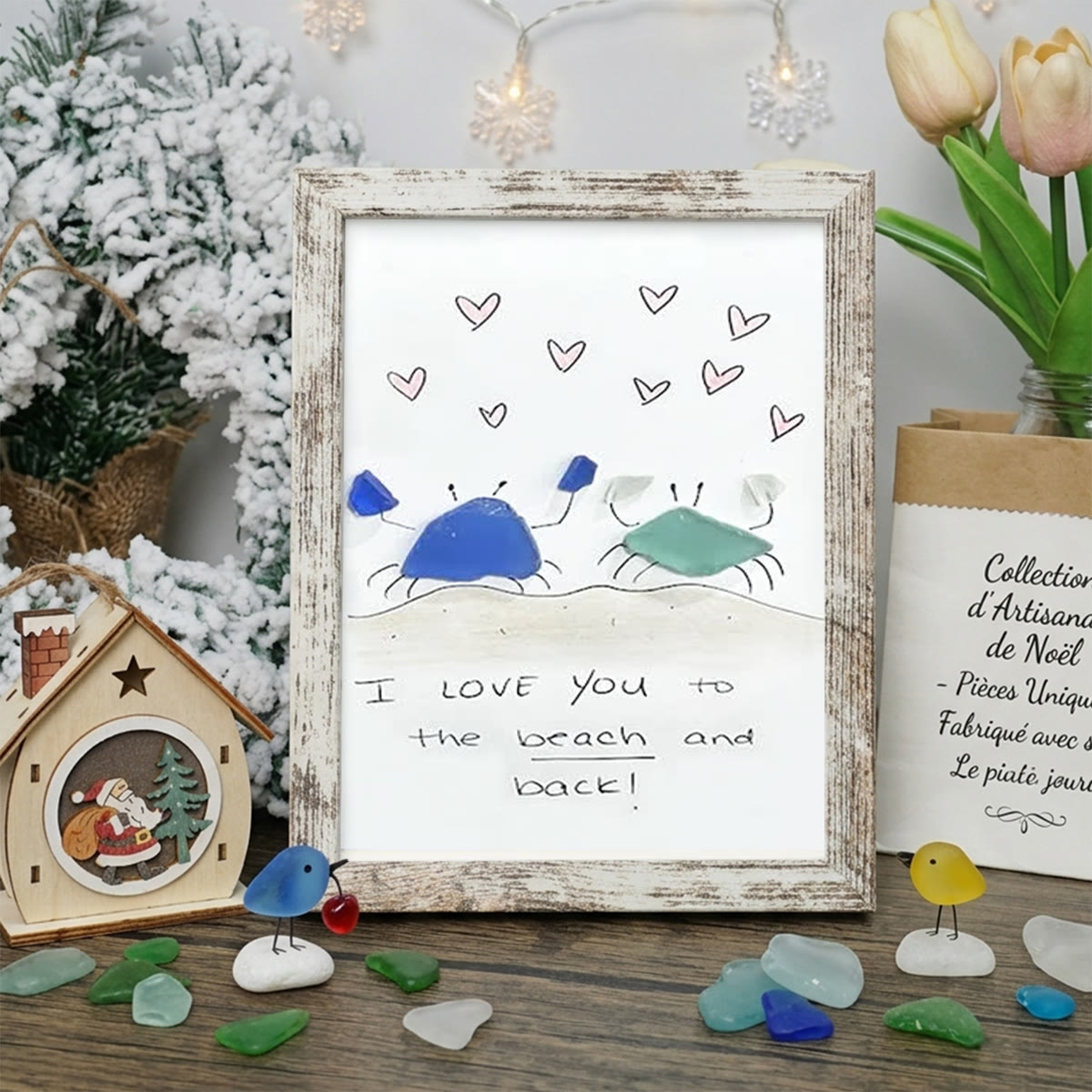 "I Love You to the Beach and Back" Crab Sea Glass Framed Art - Retro White - 8" X 6" - image 13
