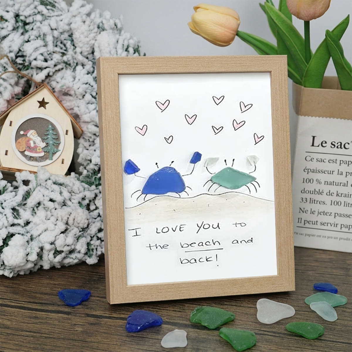 "I Love You to the Beach and Back" Crab Sea Glass Framed Art - Oak - 8" X 6" - image 9
