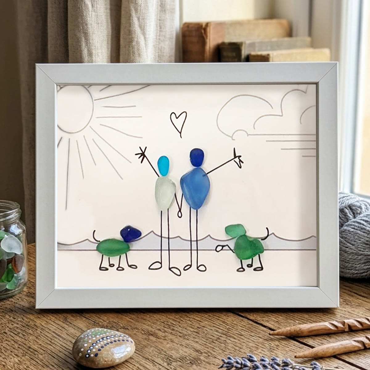 Beach Couple & Loyal Dogs Sea Glass Framed Art - White - 6" X 8" - image 15