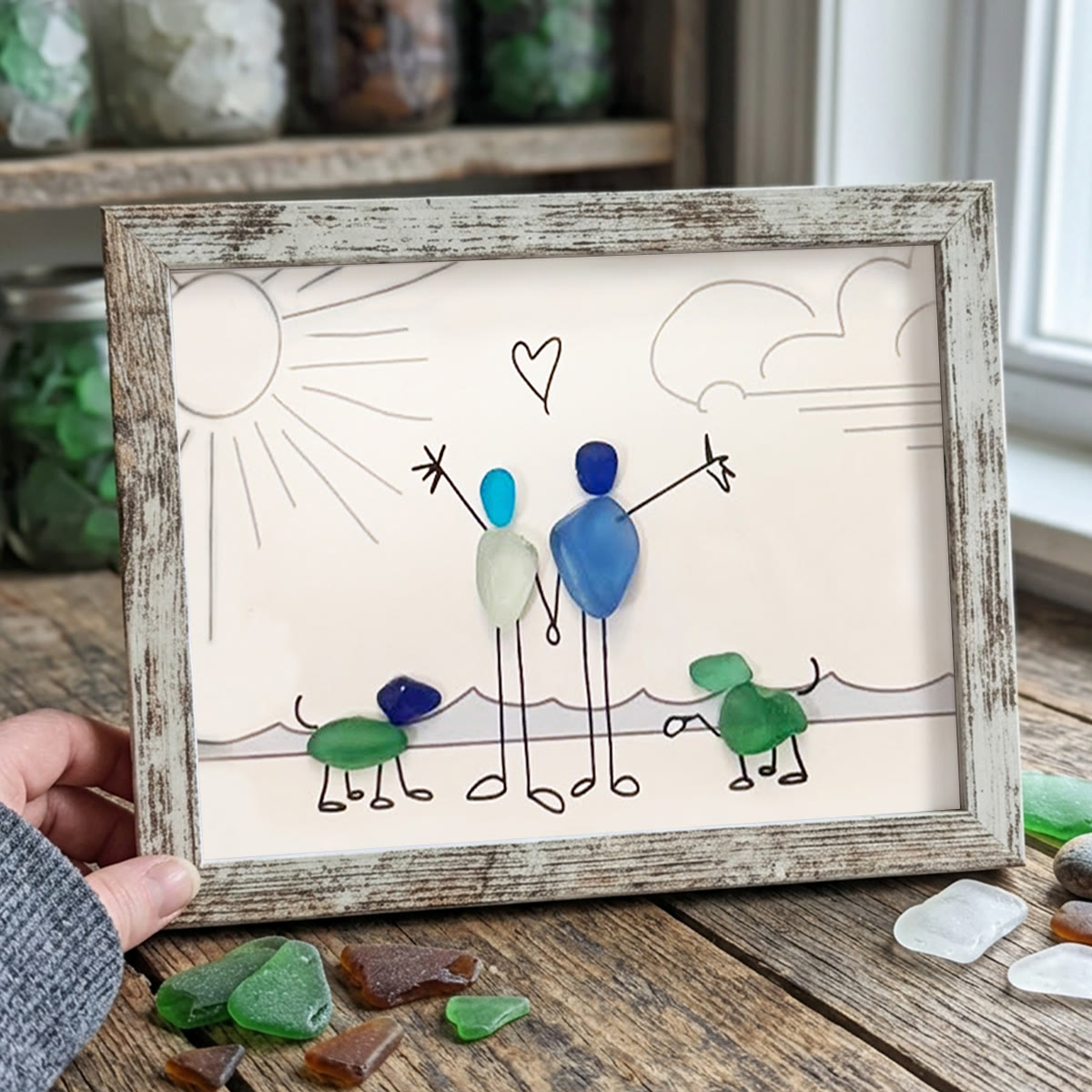 Beach Couple & Loyal Dogs Sea Glass Framed Art - Retro White - 6" X 8" - image 16