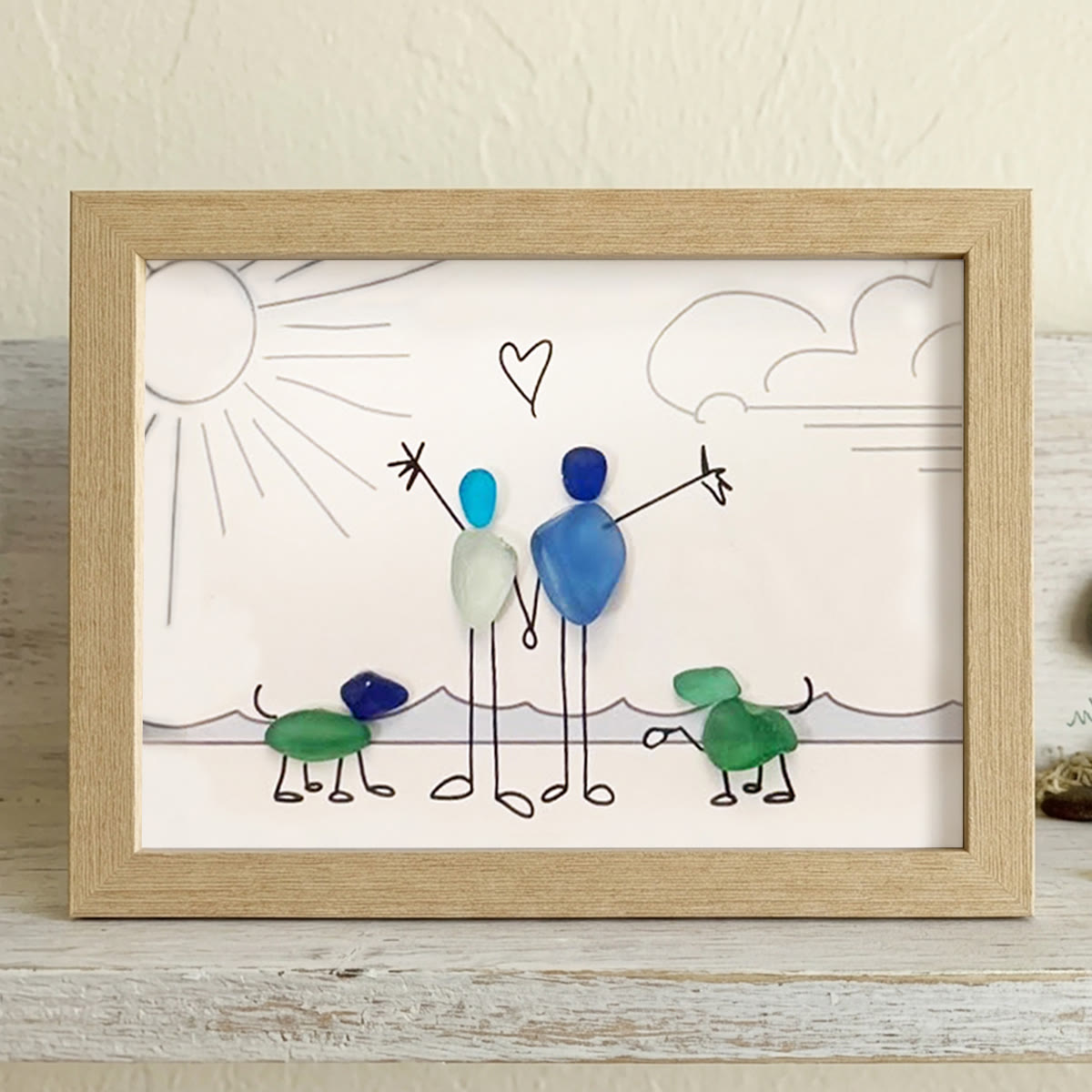 Beach Couple & Loyal Dogs Sea Glass Framed Art - Oak - 6" X 8" - image 12