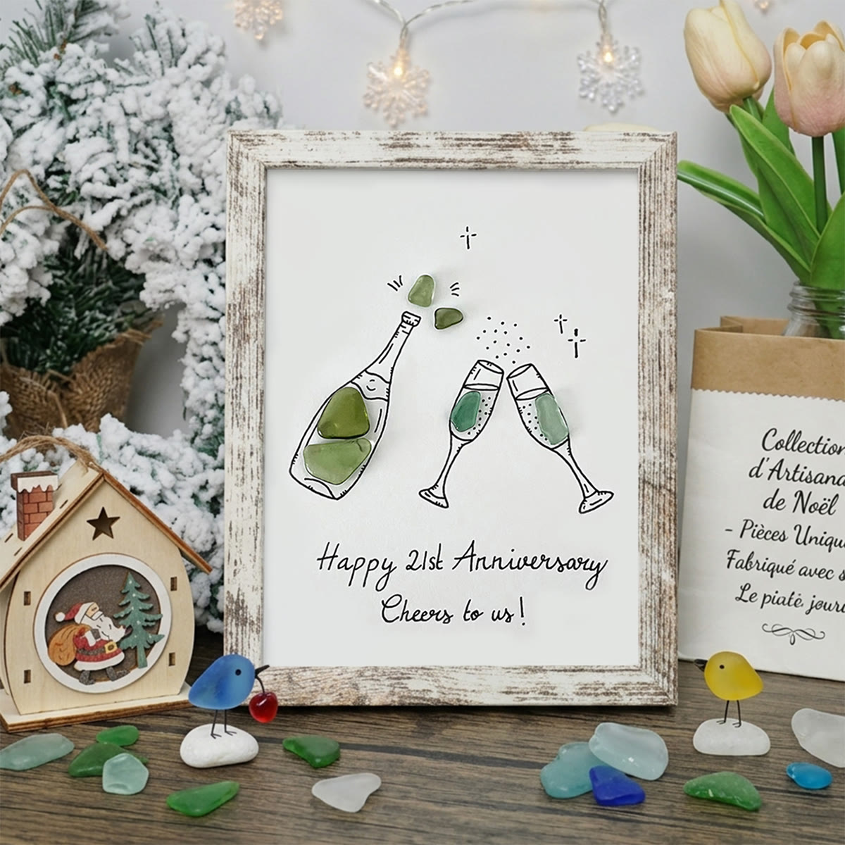 "Cheers to Us" Custom Anniversary Sea Glass Framed Art - Retro White - 8" X 6" - image 13