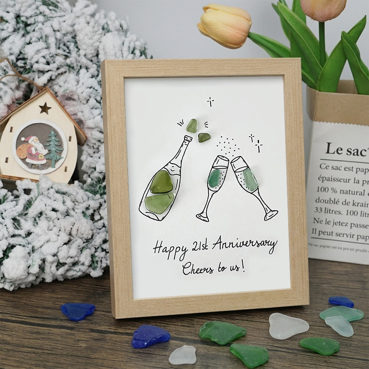 "Cheers to Us" Custom Anniversary Sea Glass Framed Art - Oak - 8" X 6" - image 9