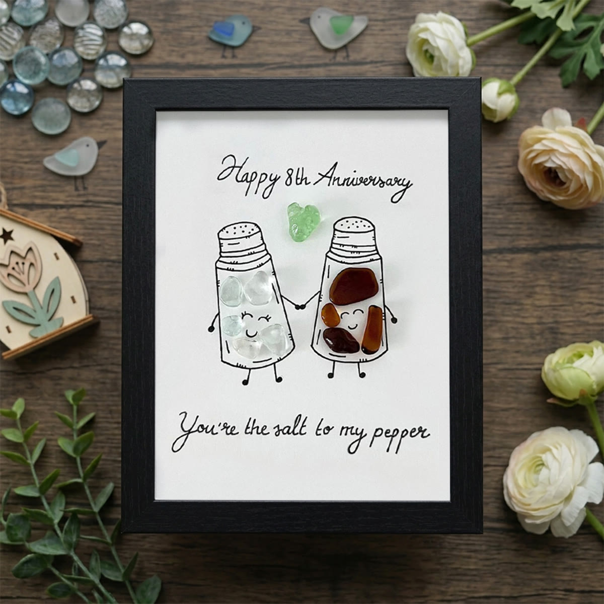Salt & Pepper Custom Anniversary Sea Glass Framed Art - Black - 8" X 6" - image 11