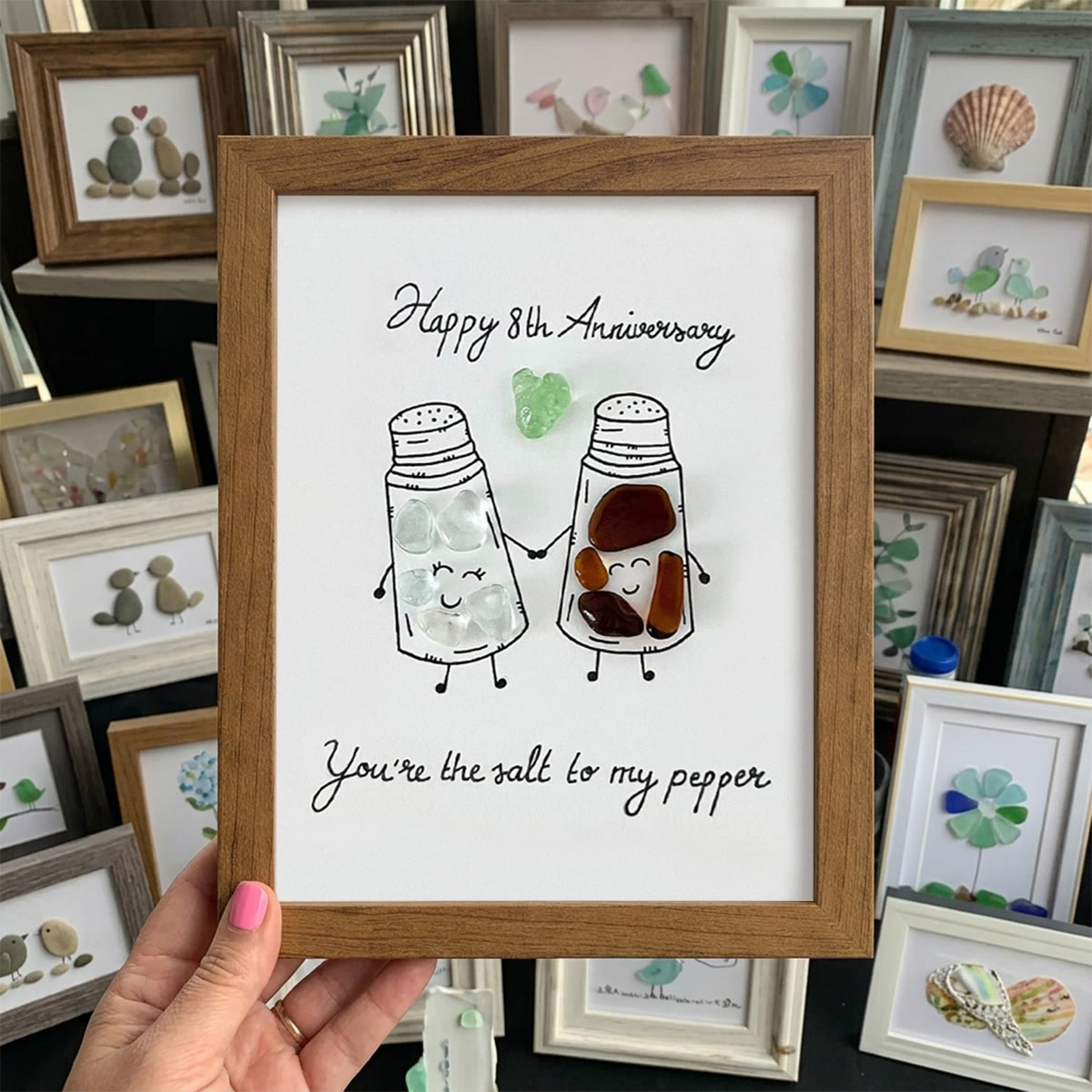 Salt & Pepper Custom Anniversary Sea Glass Framed Art - Walnut Brown - 8" X 6" - image 10