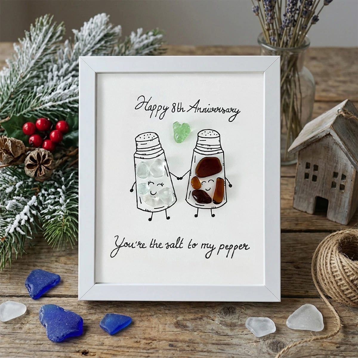Salt & Pepper Custom Anniversary Sea Glass Framed Art - White - 8" X 6" - image 12