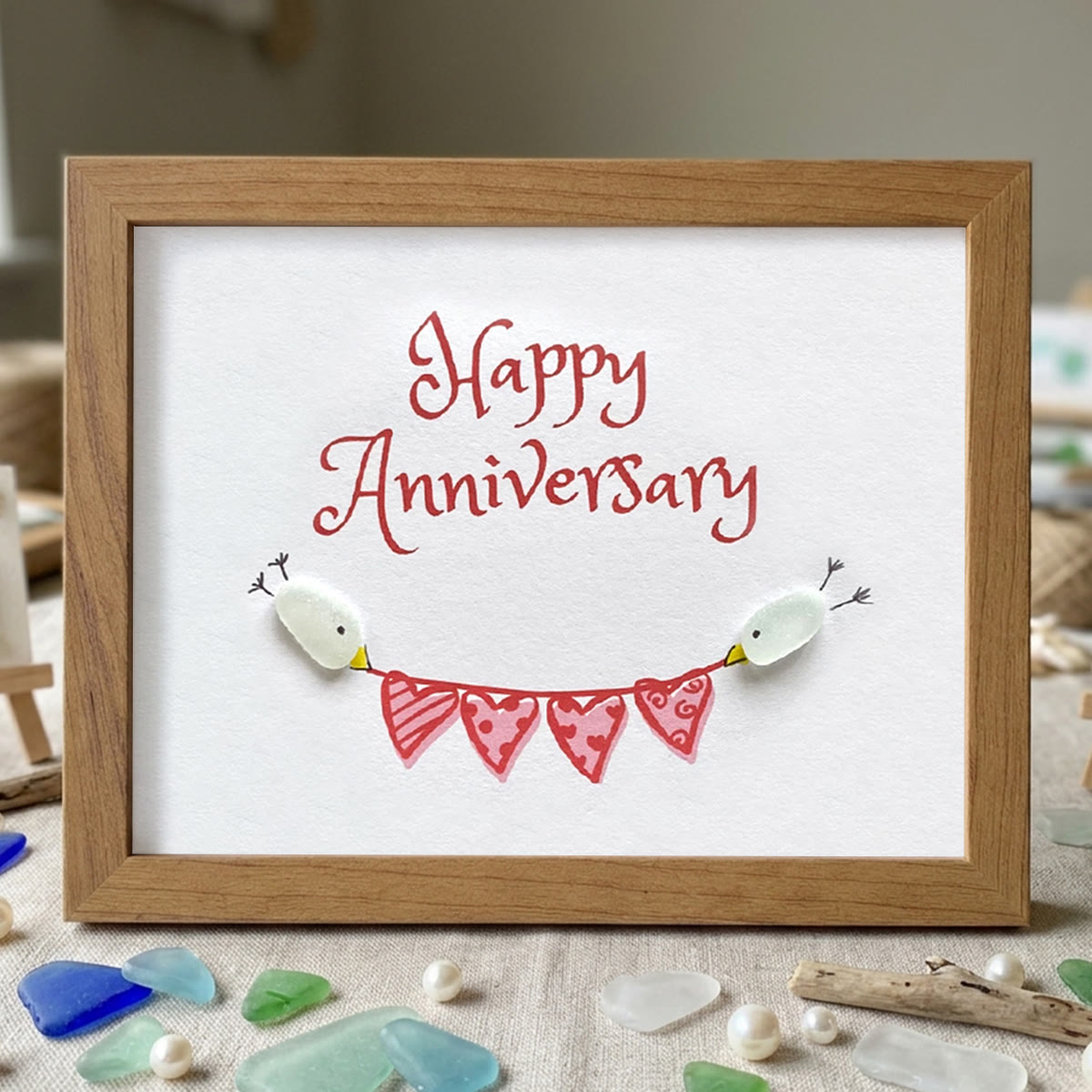 Birds & Heart Bunting Happy Anniversary Sea Glass Framed Art - Walnut Brown - 6" X 8" - image 12