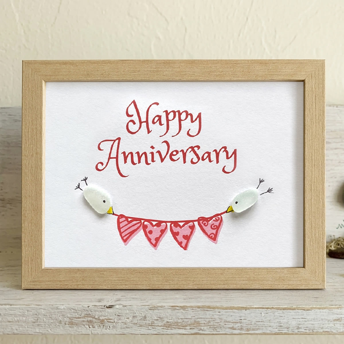 Birds & Heart Bunting Happy Anniversary Sea Glass Framed Art - Oak - 6" X 8" - image 11