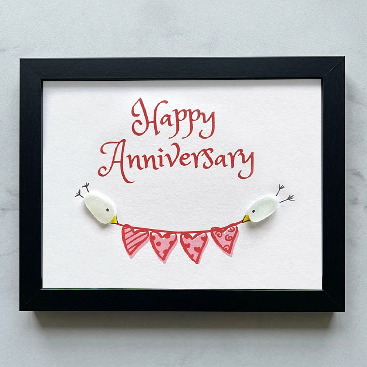 Birds & Heart Bunting Happy Anniversary Sea Glass Framed Art - Black - 6" X 8" - image 13