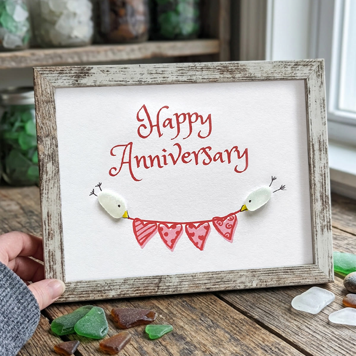 Birds & Heart Bunting Happy Anniversary Sea Glass Framed Art - Retro White - 6" X 8" - image 15