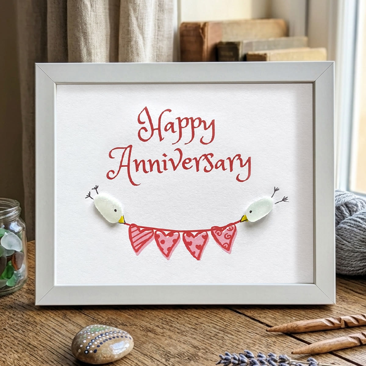 Birds & Heart Bunting Happy Anniversary Sea Glass Framed Art - White - 6" X 8" - image 14