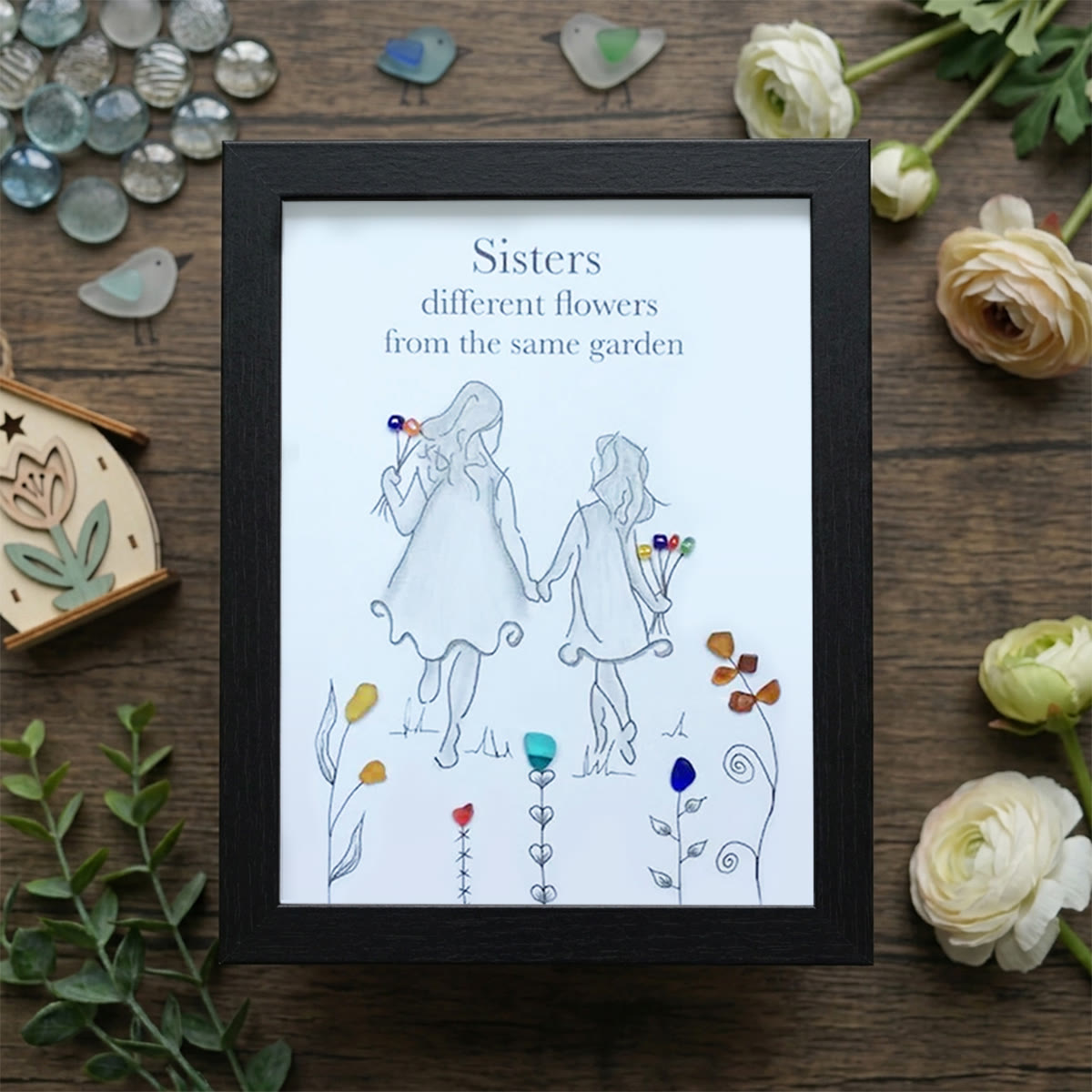 Coastal Sisterhood Quote Flower Sea Glass Framed Art - Black - 8" X 6" - image 11