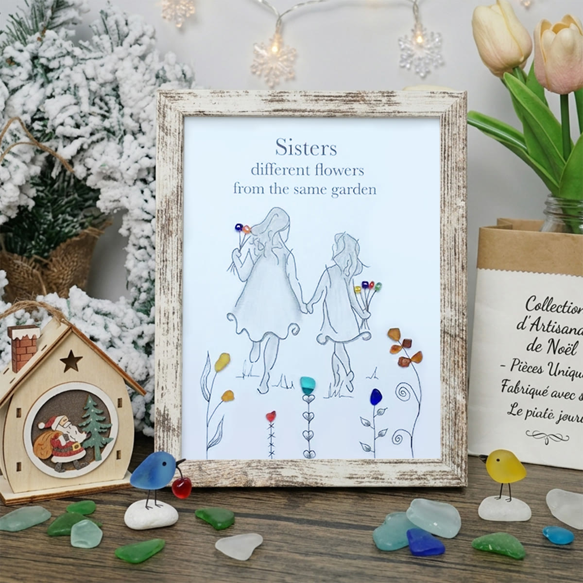 Coastal Sisterhood Quote Flower Sea Glass Framed Art - Retro White - 8" X 6" - image 13