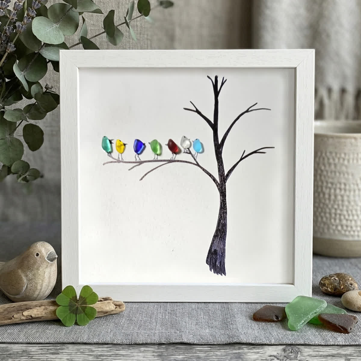 Birds Perched On A Branch Sea Glass Framed Art - White - 8" X 8" - image 12