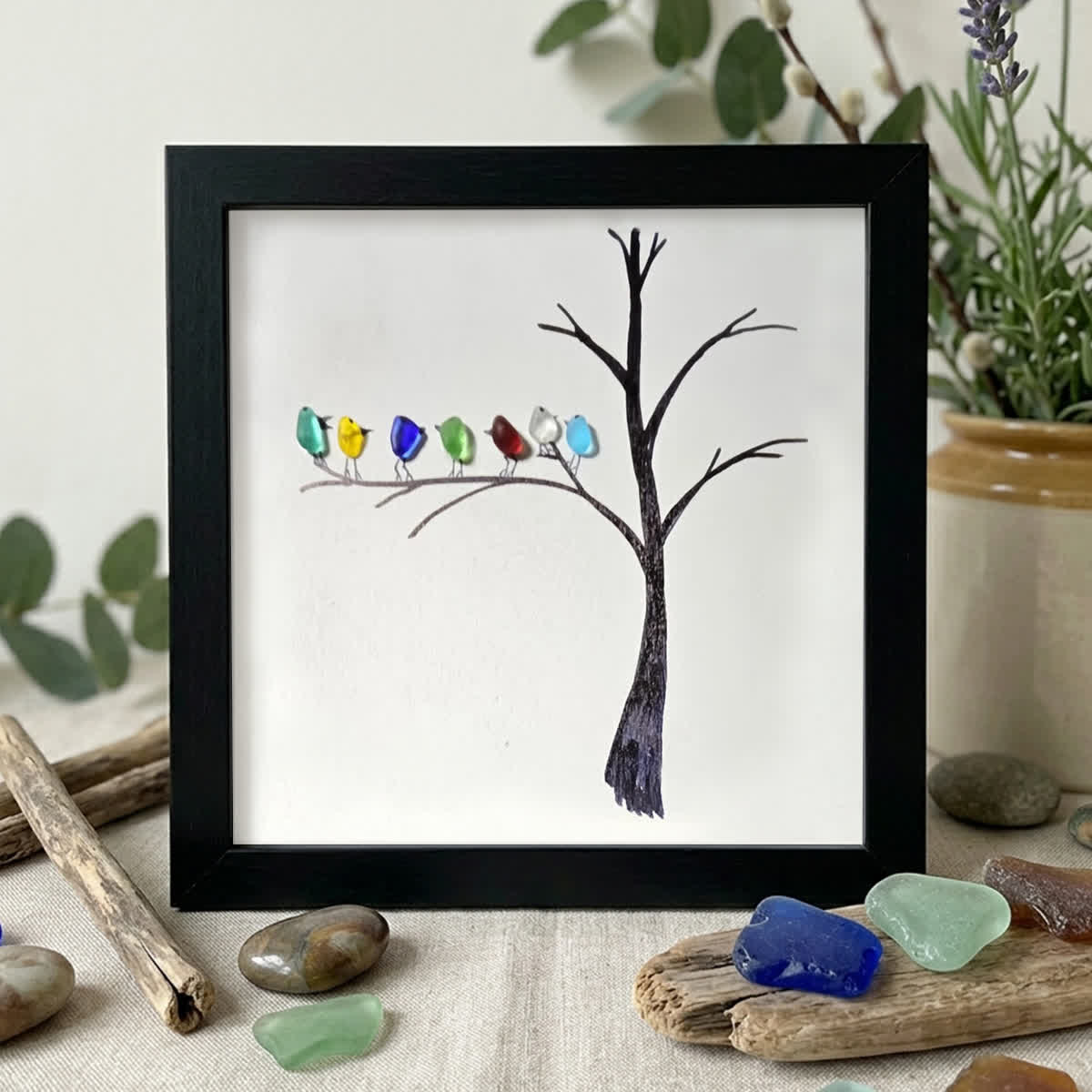Birds Perched On A Branch Sea Glass Framed Art - Black - 8" X 8" - image 11