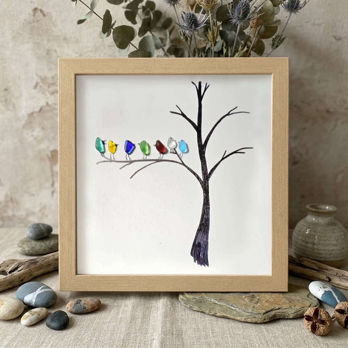 Birds Perched On A Branch Sea Glass Framed Art - Oak - 8" X 8" - image 10